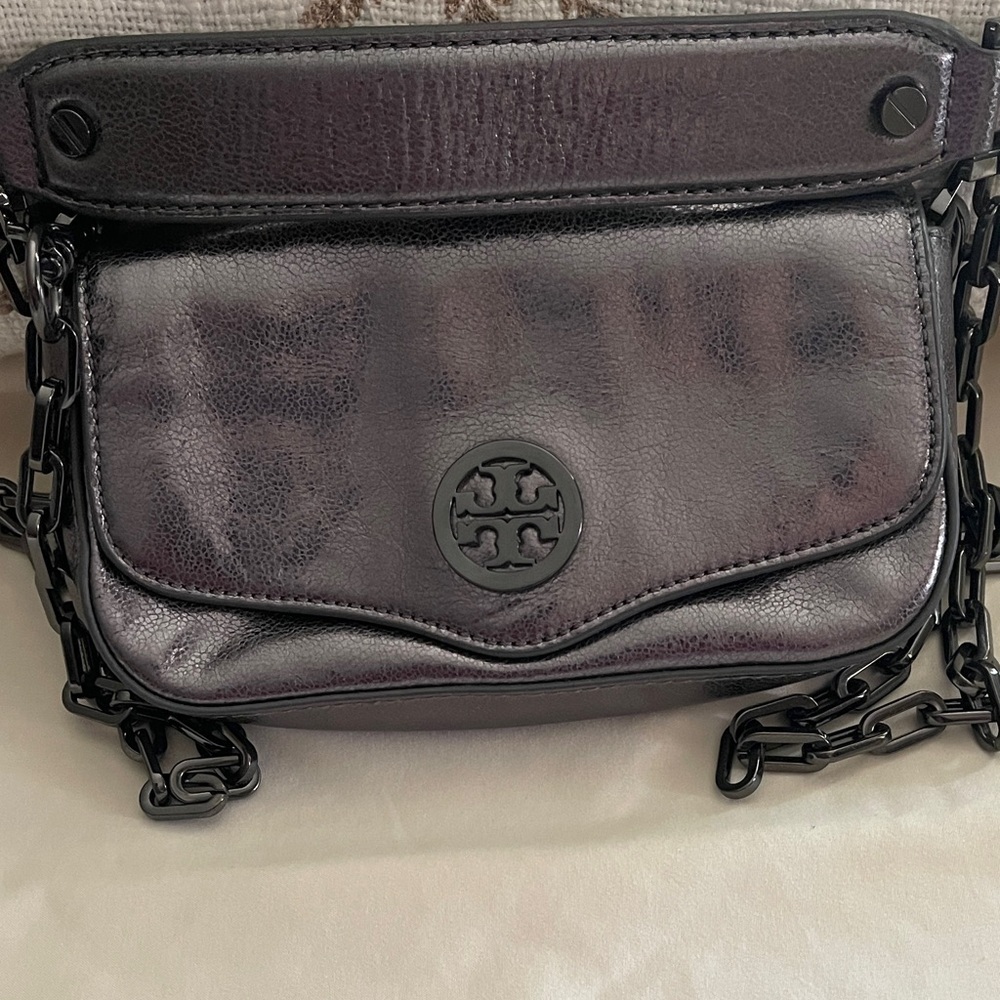 Tory Burch Gunmetal Chain on Metallic Black Crossbody Bag with Dust Bag